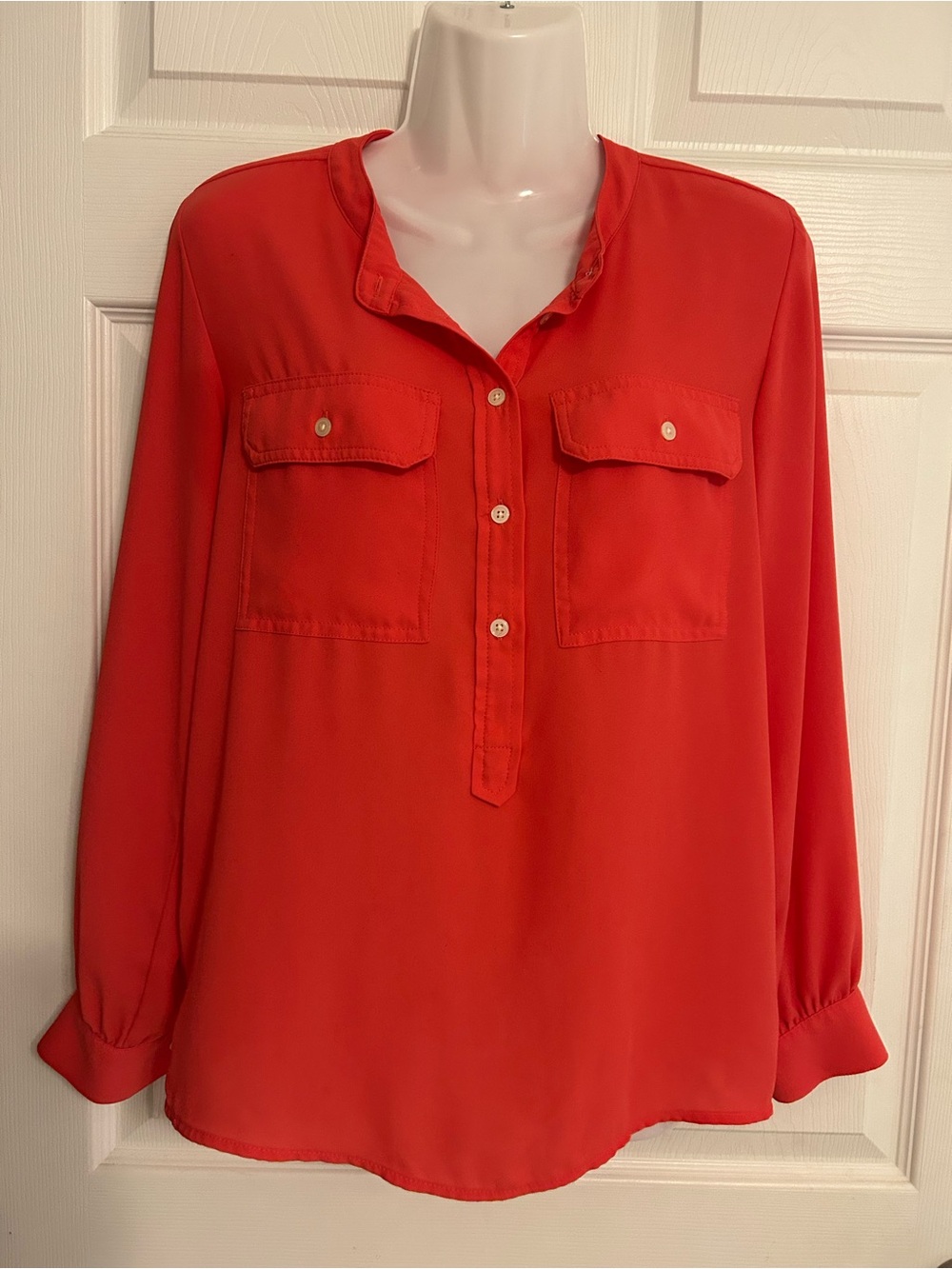 LOFT Coral-Red Long Sleeve Button-Front Blouse